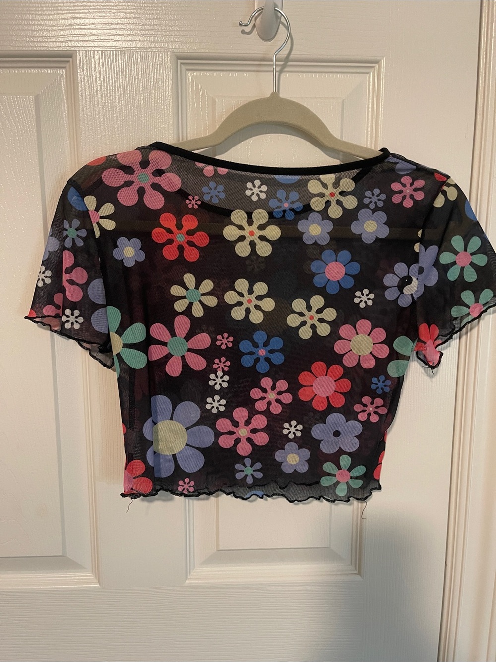 Source Unknown Black Sheer Floral Mesh Crop Top with Multicolor Flowers